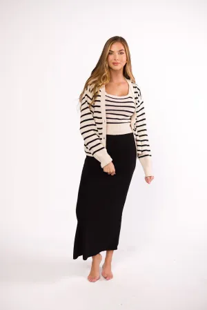 Stella Stripe Top and Cardigan Set in Natural Black