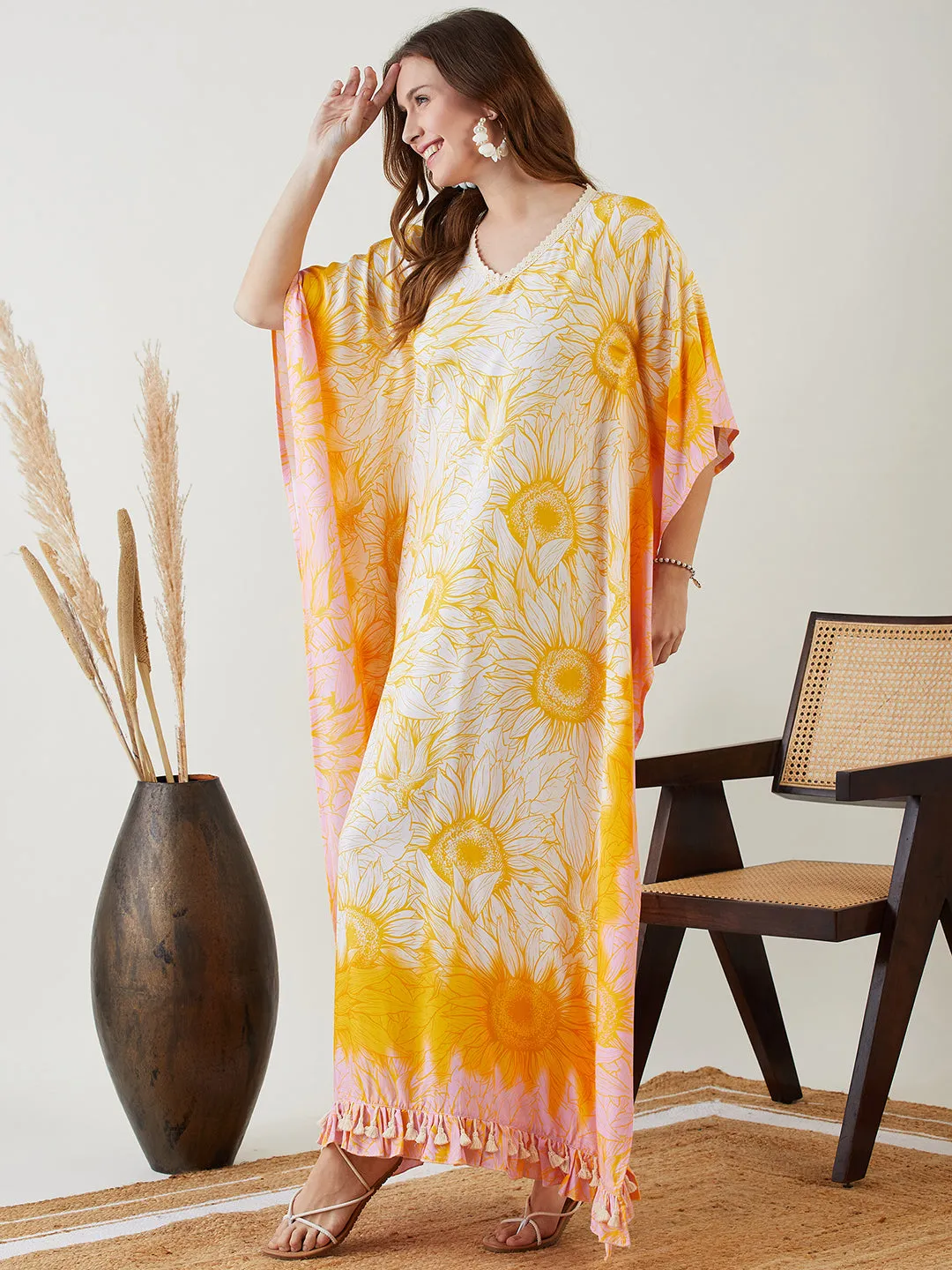 Yellow Blooming Sunflower Maxi Kaftan