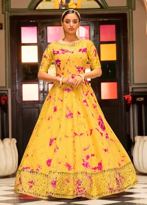 Yellow Shibori Print Embroidered Floor Length Cotton Gown